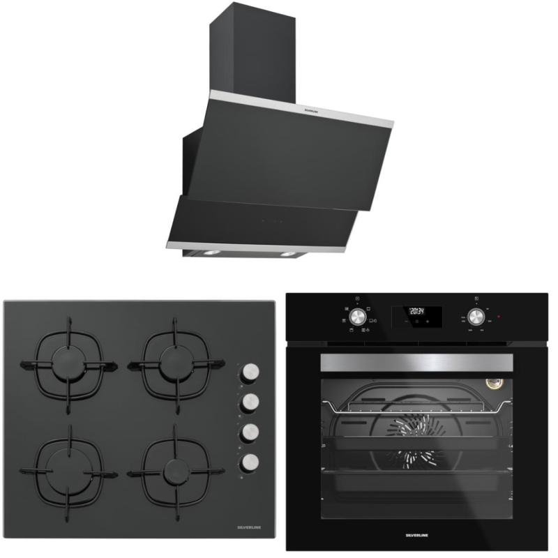 Silverline Siyah Cam Ankastre Set (3420 Classy Davlumbaz - CS5335B01 Ocak - BO6502B02 Fırın)