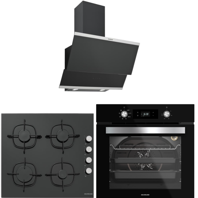 Silverline Siyah Cam Ankastre Set (3420 Classy Davlumbaz - CS5335B01 Ocak - BO6504B01 Fırın)